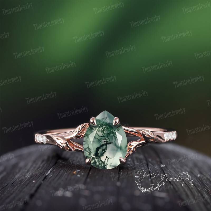 Natural Moss Agate Pear Engagement Ring 14K Rose Gold Leaf Bridal Promise Vintage Cluster Anniversary Gifts For Women von ThorstenOpos