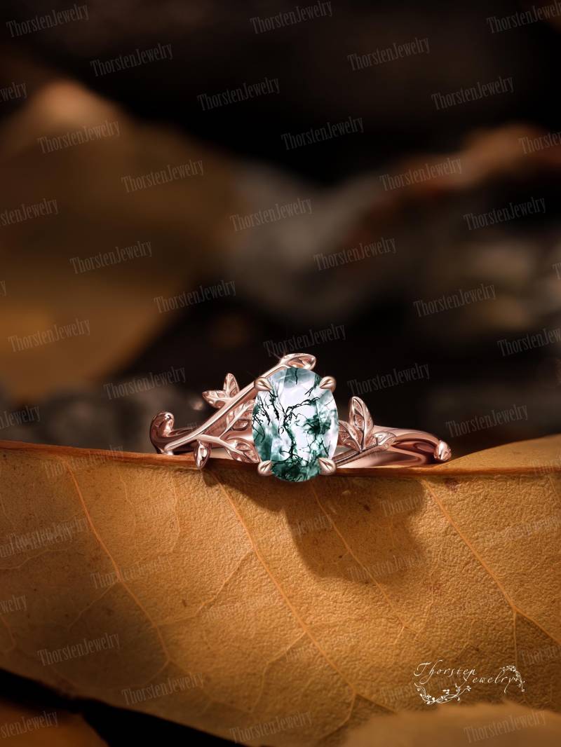 Natural Oval Cut Moss Agate Engagement Ring Solid Rose Gold Promise Nature Inspired Leaf Bridal Art Deco Gift For Her von ThorstenOpos