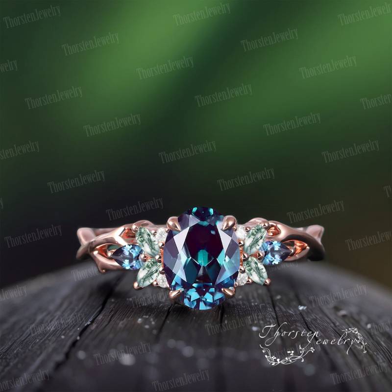 Oval Alexandrite Engagement Ring Bridal Rose Gold Art Deco Vintage Promise Colour Changing Stone Cluster For Women von ThorstenOpos