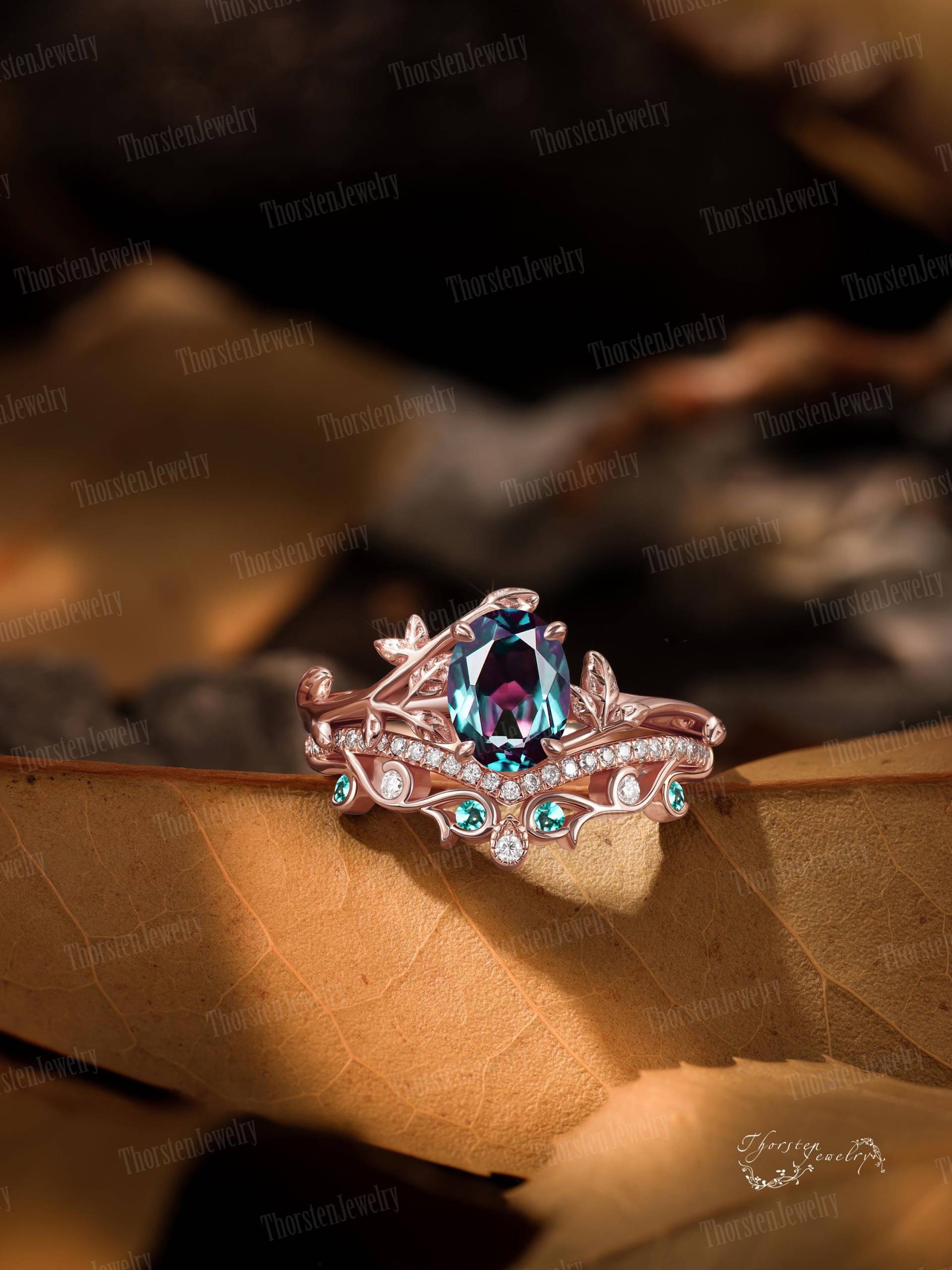 Oval Alexandrite Engagement Ring Sets Rose Gold Promise Nature Inspired Leaf Bridal Colour Changing Stone Art Deco For Women von ThorstenOpos