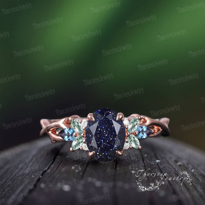 Oval Blue Sandstone Engagement Ring Bridal Rose Gold Art Deco Vintage Promise Galaxy Starry Sky Cluster For Women von ThorstenOpos