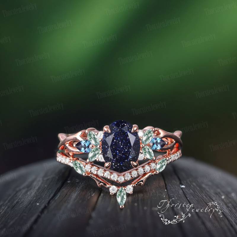 Oval Blue Sandstone Engagement Ring Sets Bridal Rose Gold Art Deco Vintage Promise Galaxy Starry Sky Cluster For Women von ThorstenOpos