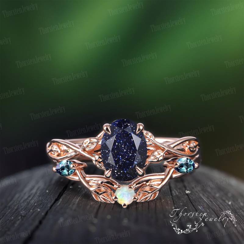 Oval Blue Sandstone Engagement Ring Sets Rose Gold Bridal Leaf Promise Twisted Nature Inspired Galaxy Starry Sky Art Deco von ThorstenOpos