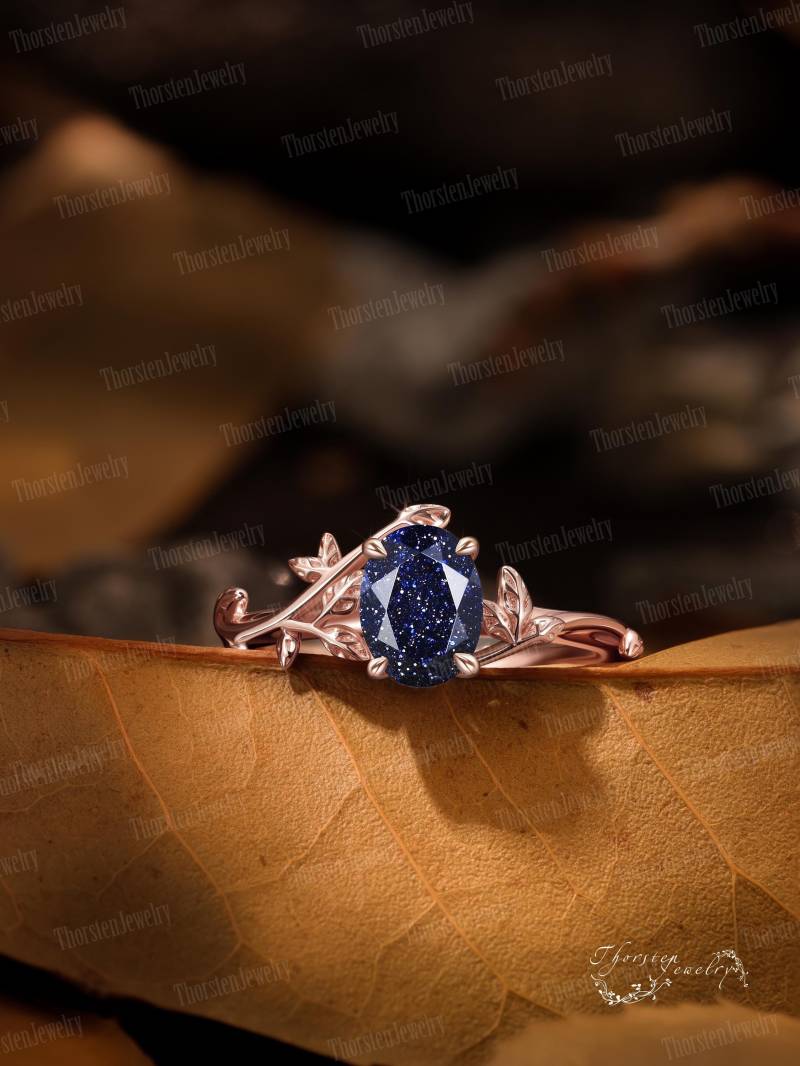 Oval Cut Blue Sandstone Engagement Ring Solid Rose Gold Promise Nature Inspired Leaf Bridal Art Deco Gift For Her von ThorstenOpos
