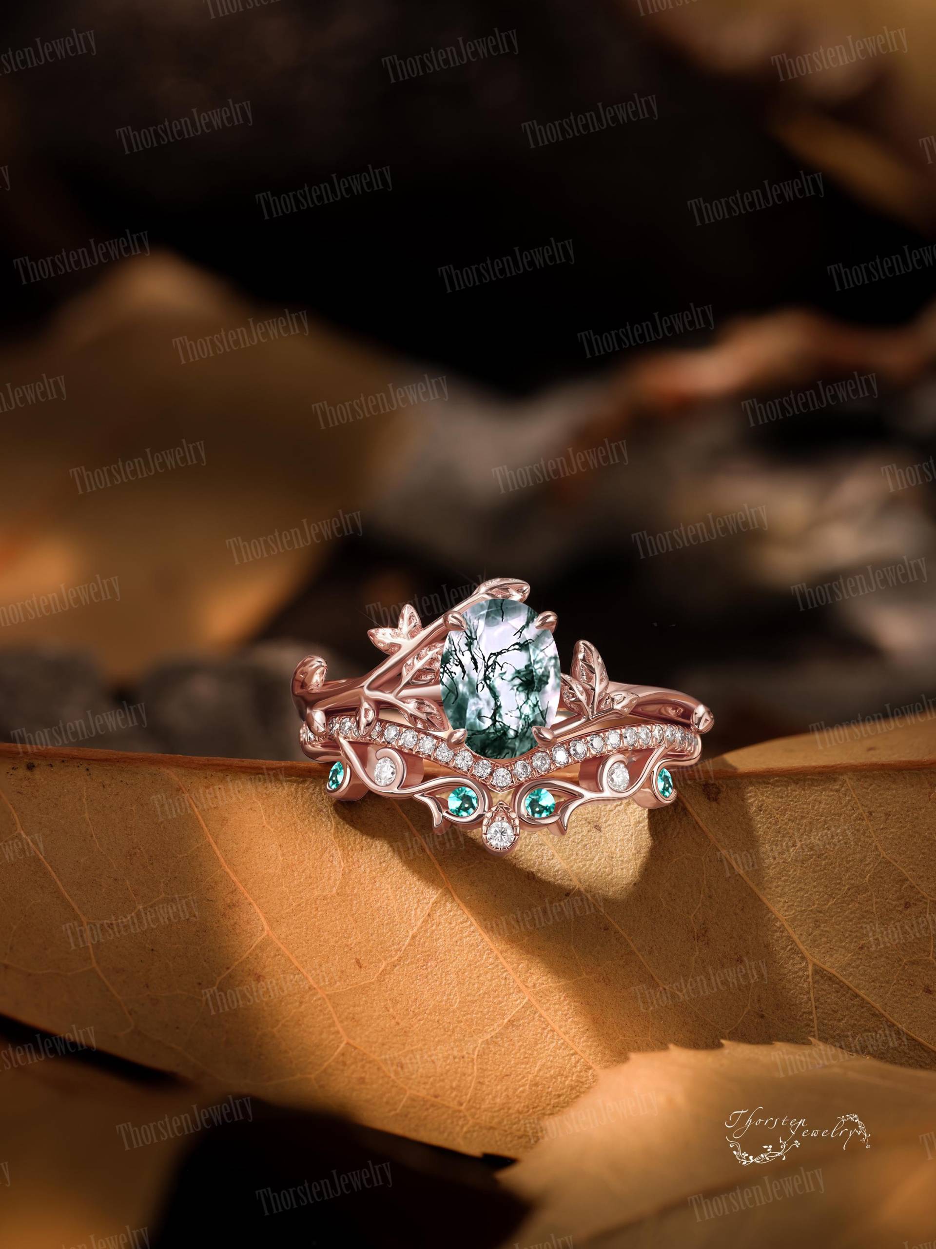 Oval Cut Moss Agate Engagement Ring Sets Solid Rose Gold Promise Nature Inspired Leaf Bridal Art Deco Gift For Her von ThorstenOpos