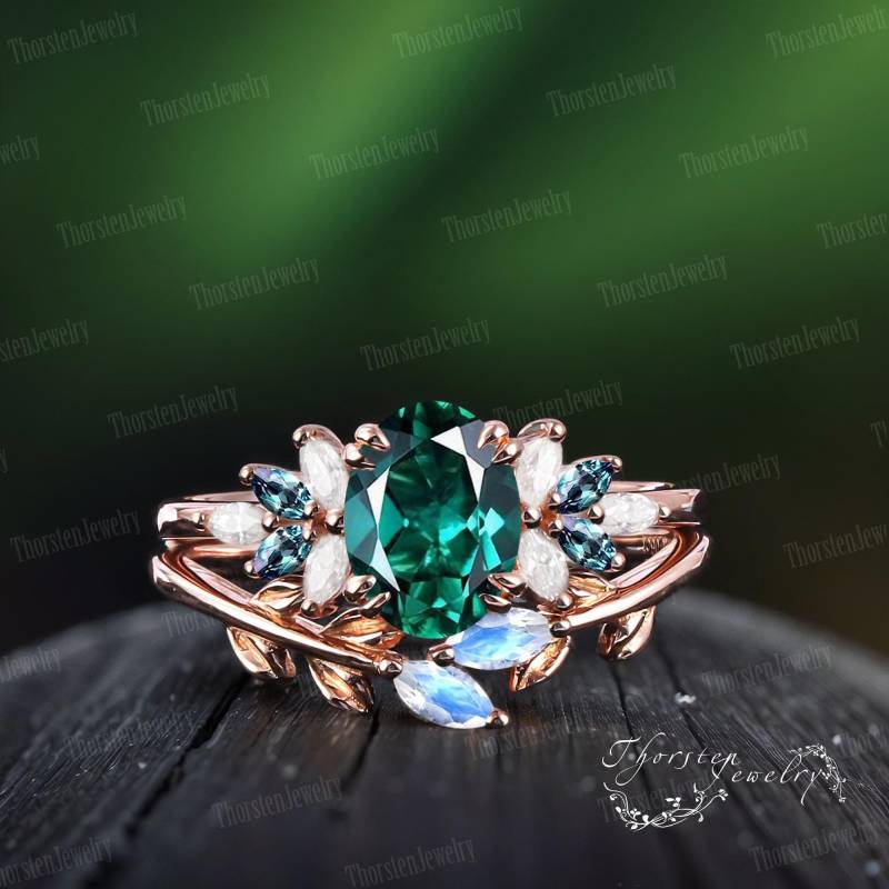 Oval Emerald Engagement Ring Sets 14K Rose Gold Bridal Wedding Vintage Promise Cluster Anniversary Gifts For Women Oval Emerald Engagement Ring Sets 14K Rose Gold Bridal Wedding Vintage Promise Cluster Anniversary Gifts For Women von ThorstenOpos