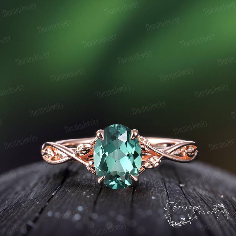 Oval Green Sapphire Engagement Ring Rose Gold Bridal Leaf Promise Twisted Nature Inspired Art Deco Cluster Jewelry von ThorstenOpos