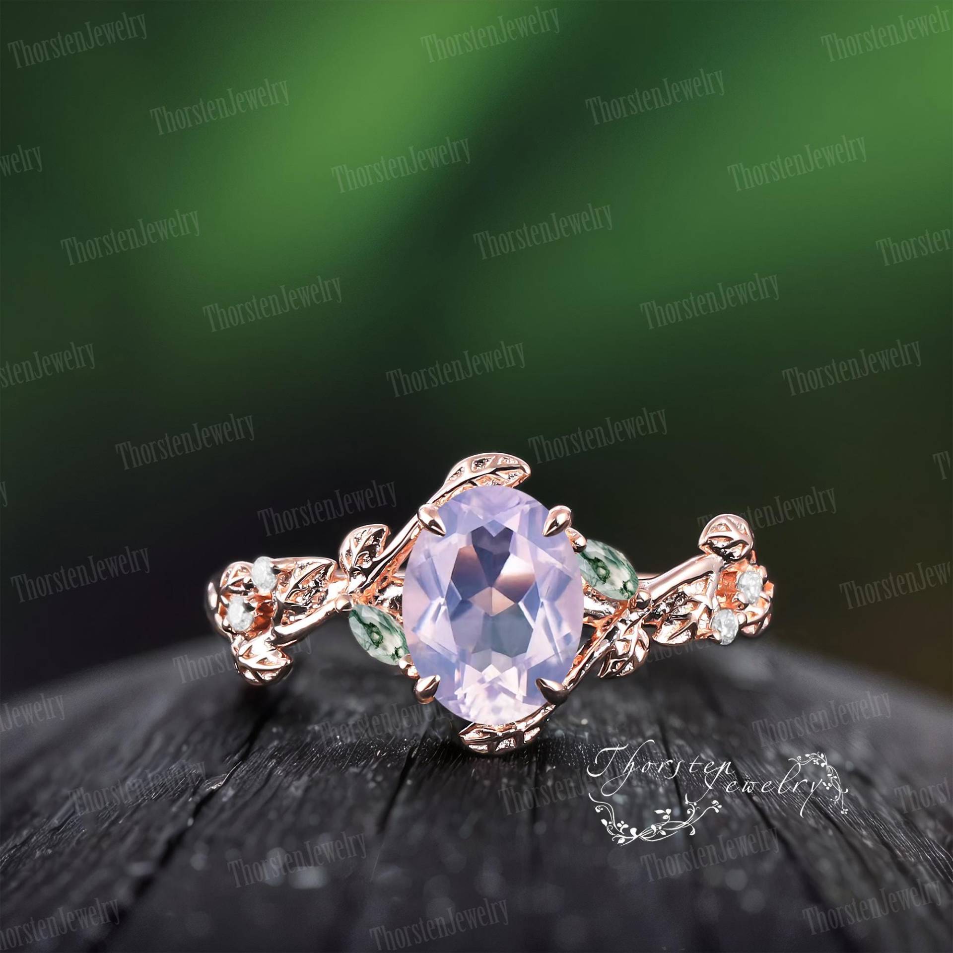 Oval Lavender Amethyst Engagement Ring Rose Gold Bridal Vintage Leaf Promise Moss Agate Cluster Anniversary Gifts von ThorstenOpos