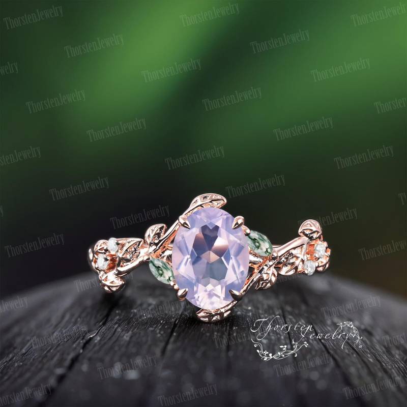 Oval Lavender Amethyst Engagement Ring Rose Gold Bridal Vintage Leaf Promise Moss Agate Cluster Anniversary Gifts von ThorstenOpos