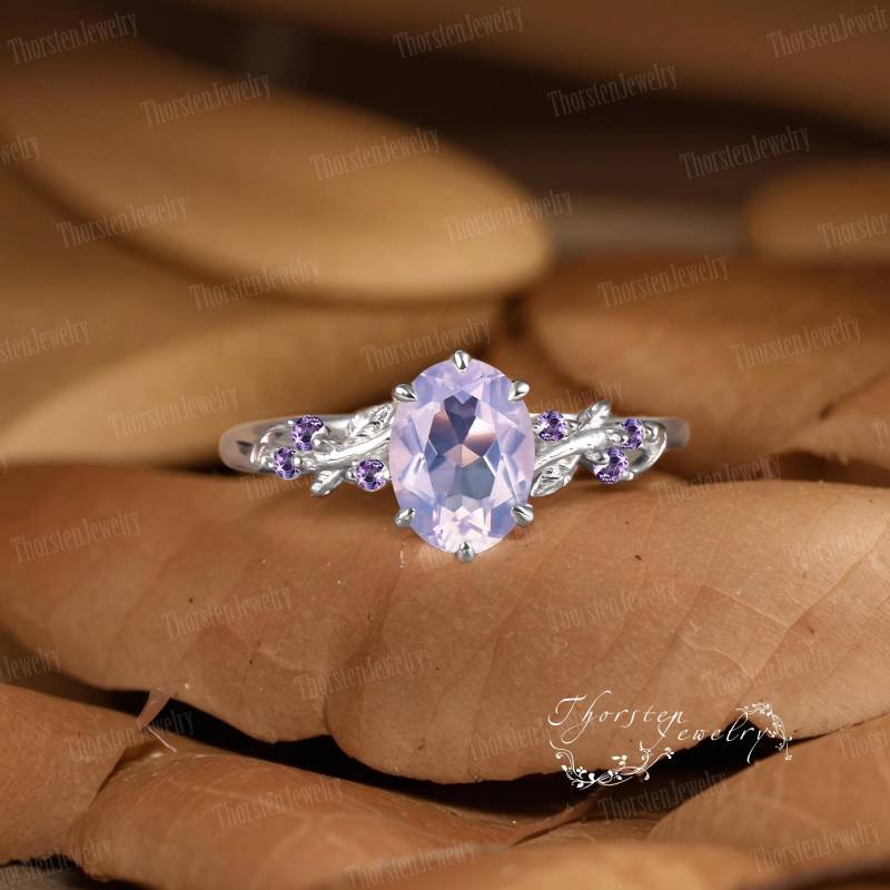 Oval Lavender Amethyst Engagement Ring White Gold Bridal Vintage Leaf Branch Promise Cluster Handmade Jewelry Gifts von ThorstenOpos