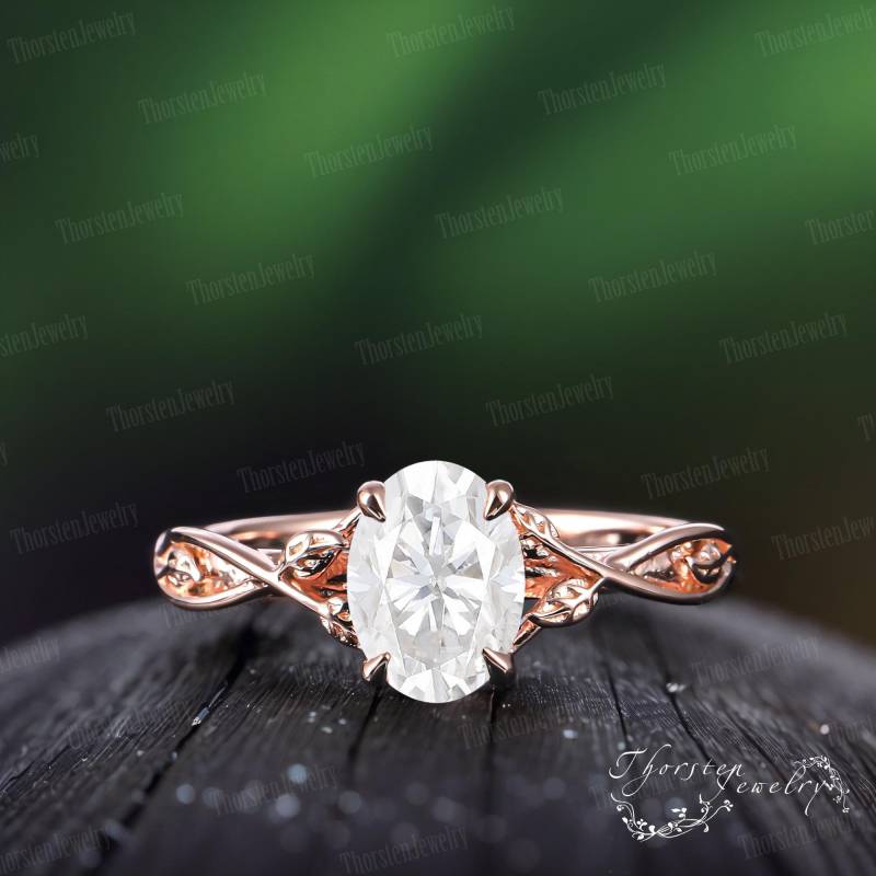 Oval Moissanite Engagement Ring Rose Gold Bridal Leaf Promise Twisted Nature Inspired Art Deco Ringcluster Women Jewelry von ThorstenOpos