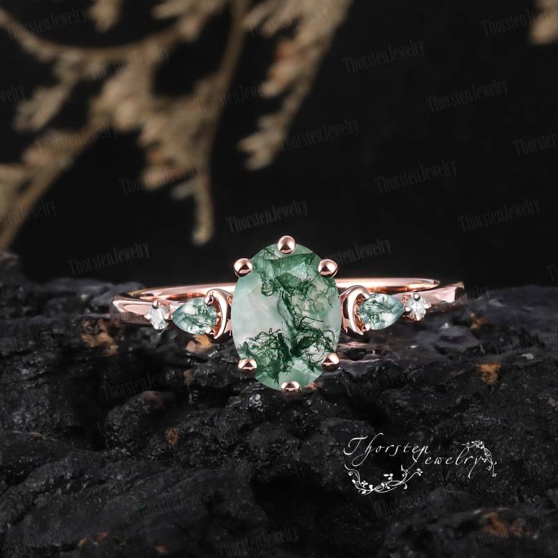 Oval Moss Agate Engagement Ring 14K 18K Rose Gold Moon Promise Unique Inspired Leaf Statement Dainty Rings For Women von ThorstenOpos