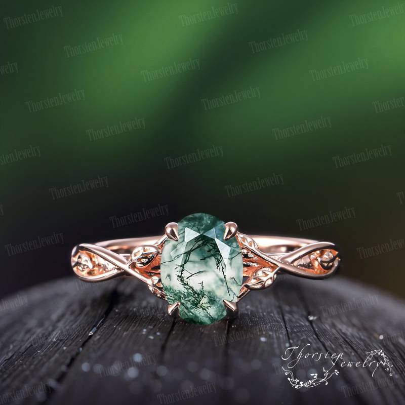 Oval Moss Agate Engagement Ring Rose Gold Bridal Leaf Promise Twisted Nature Inspired Art Deco Cluster Women Jewelry von ThorstenOpos