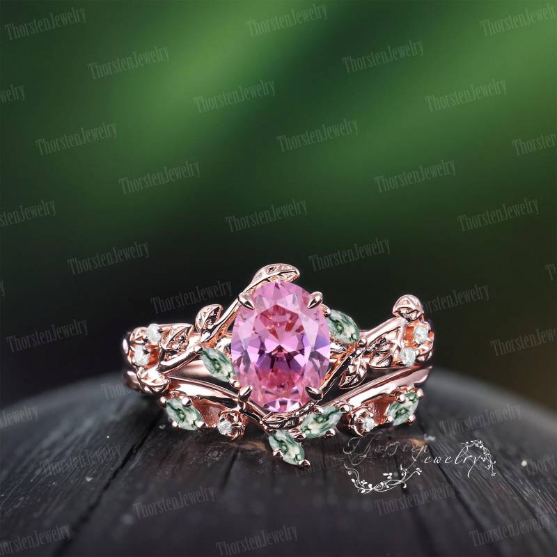 Oval Pink Sapphire Engagement Ring Sets Rose Gold Bridal Vintage Leaf Promise Gemstone Cluster Statement For Women von ThorstenOpos