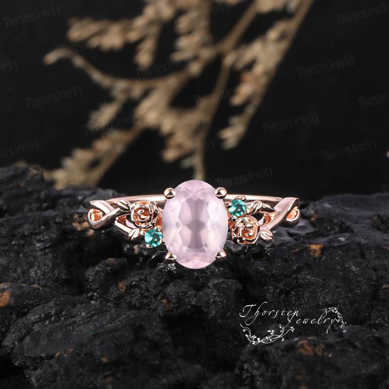 Oval Rose Quartz Engagement Ring 14K Gold Promise Nature Inspired Leaf Roses Art Deco Statement Anniversary Gifts von ThorstenOpos