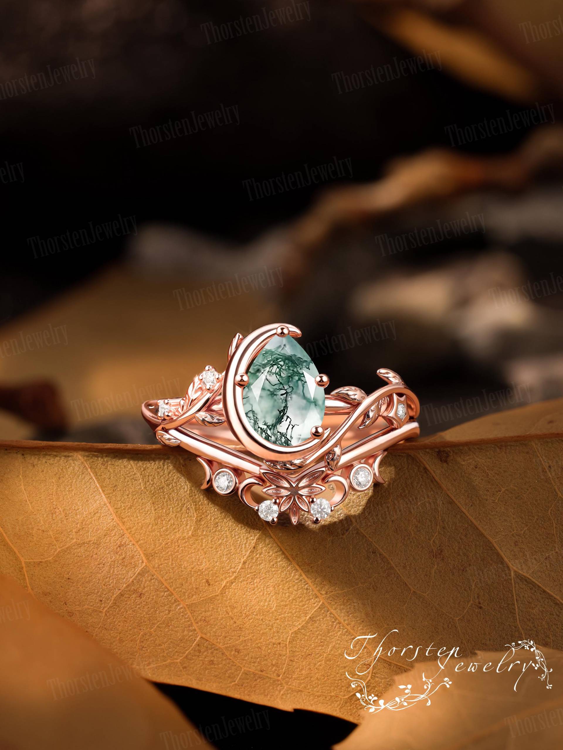 Pear Cut Moss Agate Engagement Ring Sets Solid Rose Gold Promise Moon Vintage Bridal Leaf Art Deco Gift For Her von ThorstenOpos