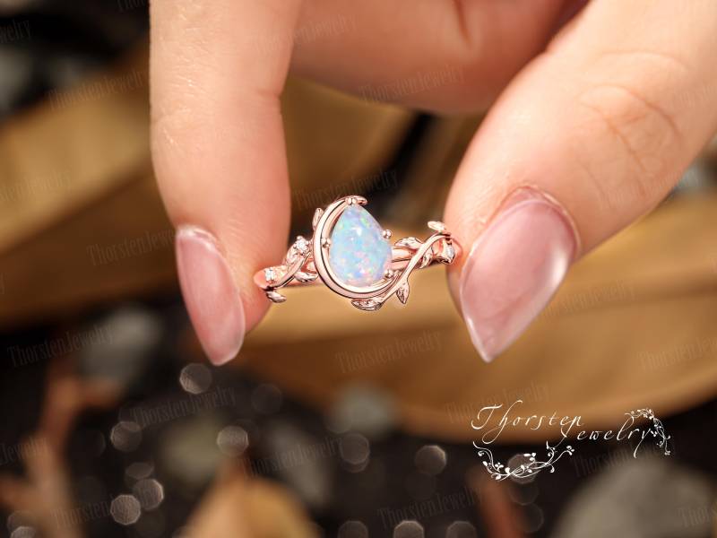 Pear Fire Opal Engagement Ring Solid Rose Gold Promise Moon Bridal Leaf Art Deco Handmade Jewelry Gift For Her von ThorstenOpos