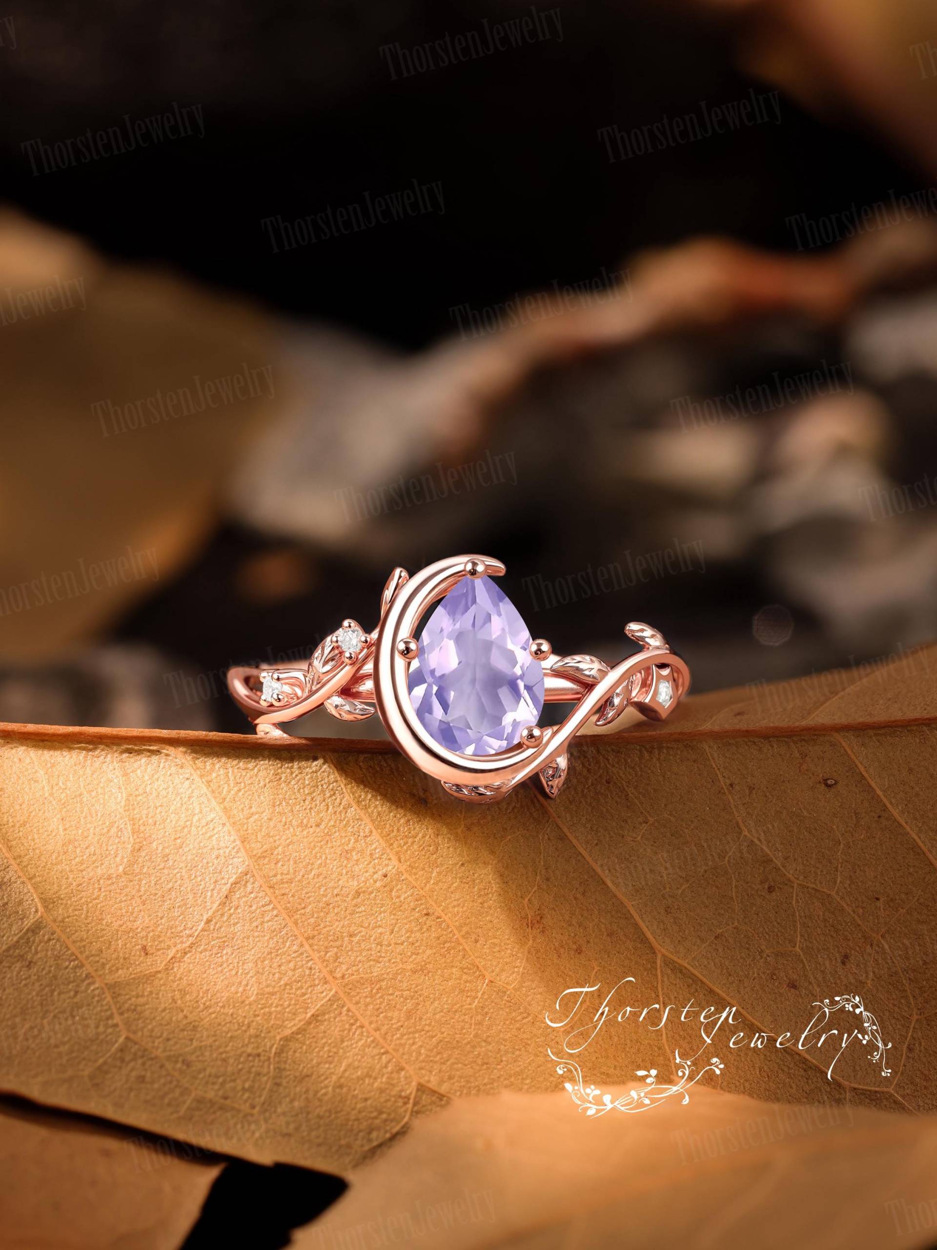 Pear Lavender Amethyst Engagement Ring Solid Rose Gold Promise Moon Bridal Leaf Art Deco Handmade Jewelry Gift For Her von ThorstenOpos