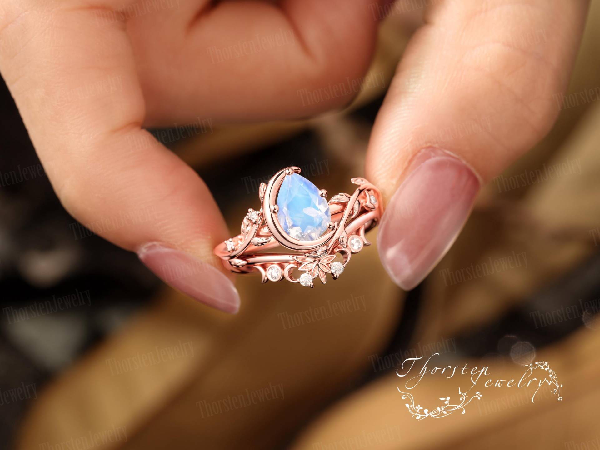 Pear Moonstone Engagement Ring Sets Solid Rose Gold Promise Moon Bridal Leaf Art Deco Handmade Jewelry Gift For Her Pear Moonstone Engagement Ring Sets Solid Rose Gold Promise Moon Bridal Leaf Art Deco Handmade Jewelry Gift For Her von ThorstenOpos