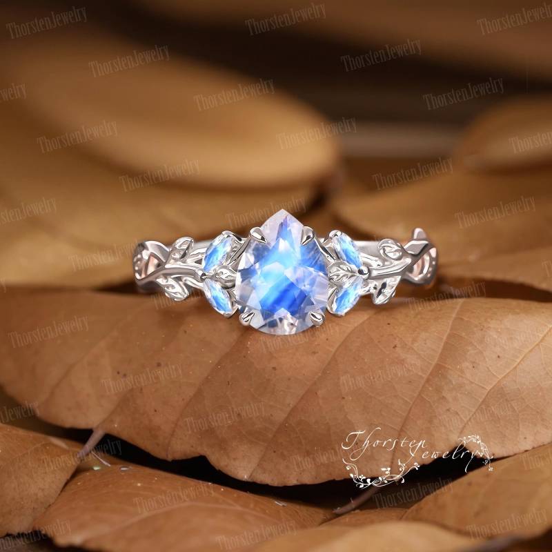 Pear Moonstone Engagement Ring White Gold Promise Nature Inspired Leaf Platinum Art Deco Handmade Jewelry Gift Statement von ThorstenOpos