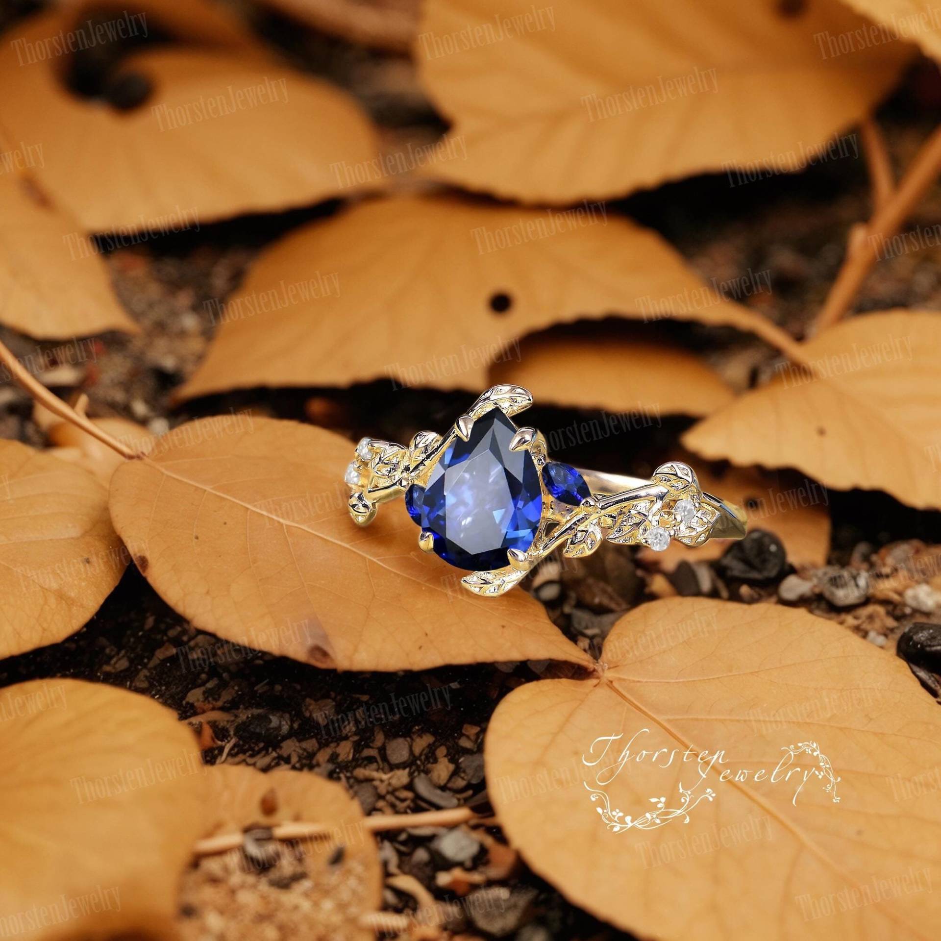 Pear Shaped Sapphire Engagement Ring Yellow Gold Bridal Vintage Leaf Promise Cluster Art Deco Handmade Jewelry Gifts von ThorstenOpos