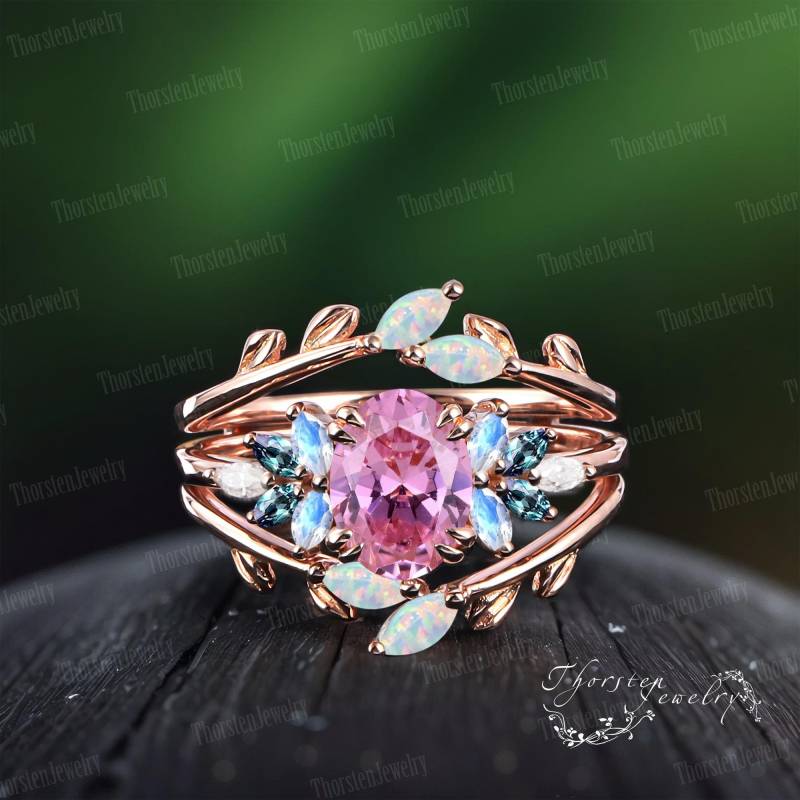 Pink Sapphire Oval Engagement Ring Sets14K Rose Gold Bridal Wedding Sets Vintage Promise Cluster Anniversary Gifts For Women von ThorstenOpos