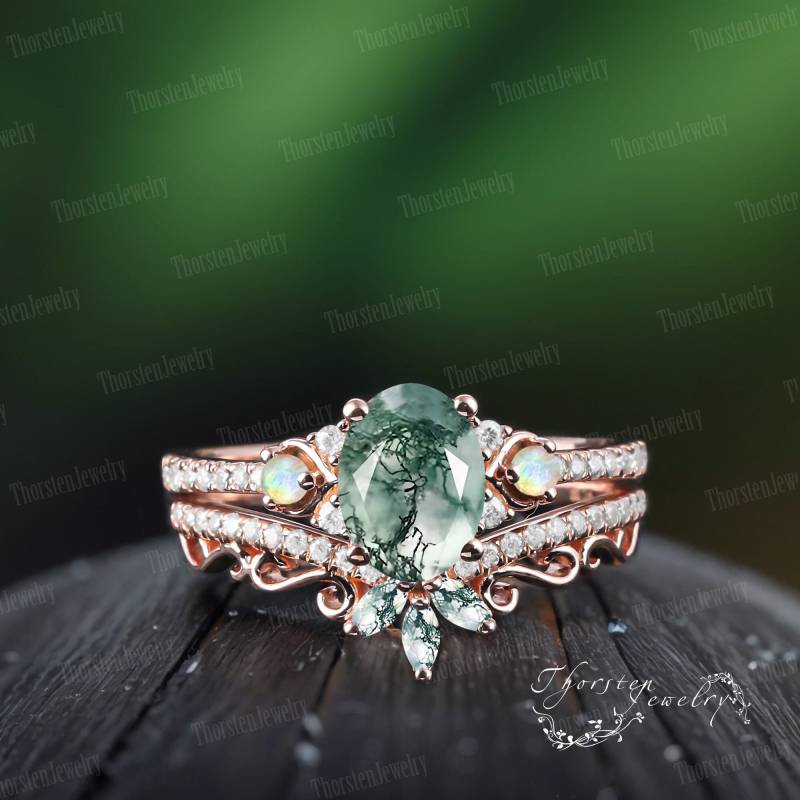 Unique Oval Natural Moss Agate Engagement Ring Sets Rose Gold Bridal Promise Art Deco Cluster Handmade Jewelry Gifts von ThorstenOpos