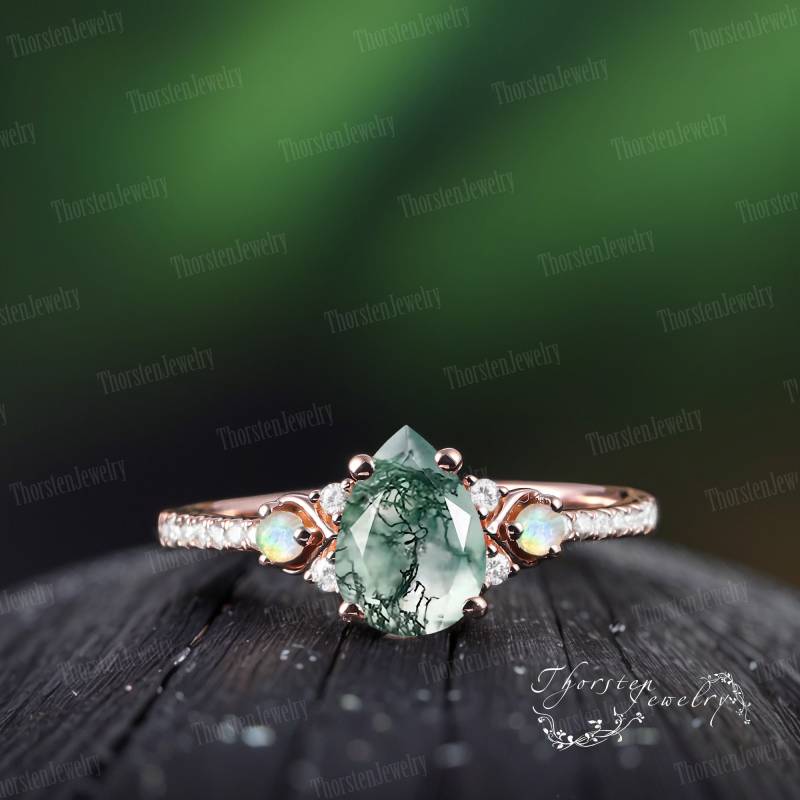 Unique Pear Shaped Natural Moss Agate Engagement Ring Rose Gold Bridal Promise Art Deco Cluster Handmade Jewelry Gifts von ThorstenOpos