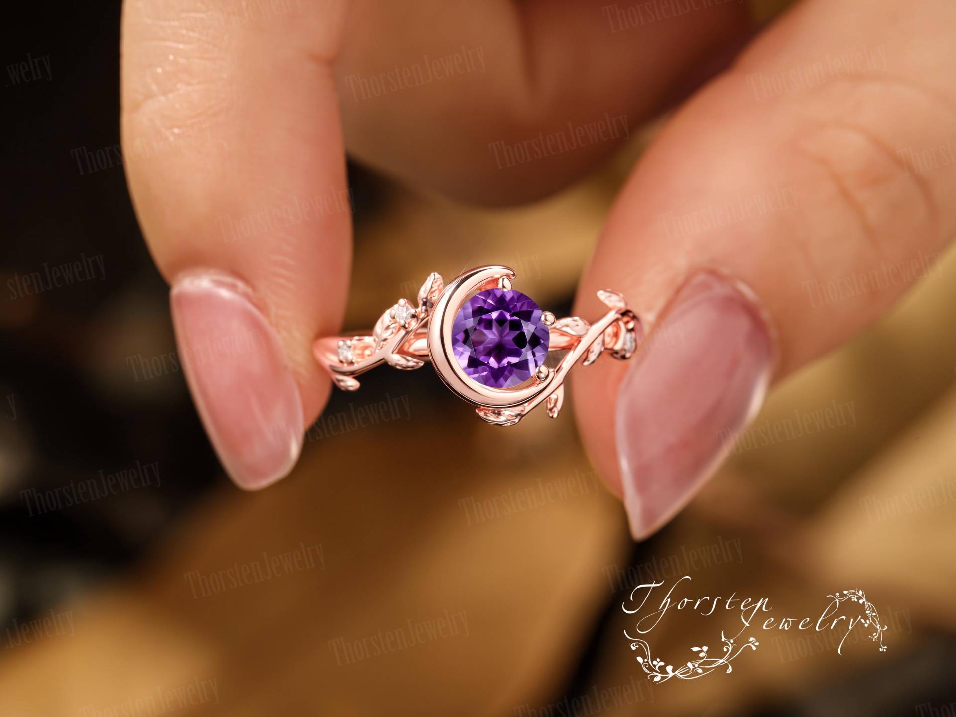 Vintage Amethyst Engagement Ring Solid Rose Gold Promise Moon Bridal Sets Leaf Art Deco Handmade Jewelry Gift For Her von ThorstenOpos