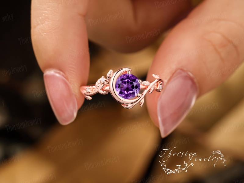 Vintage Amethyst Engagement Ring Solid Rose Gold Promise Moon Bridal Sets Leaf Art Deco Handmade Jewelry Gift For Her von ThorstenOpos