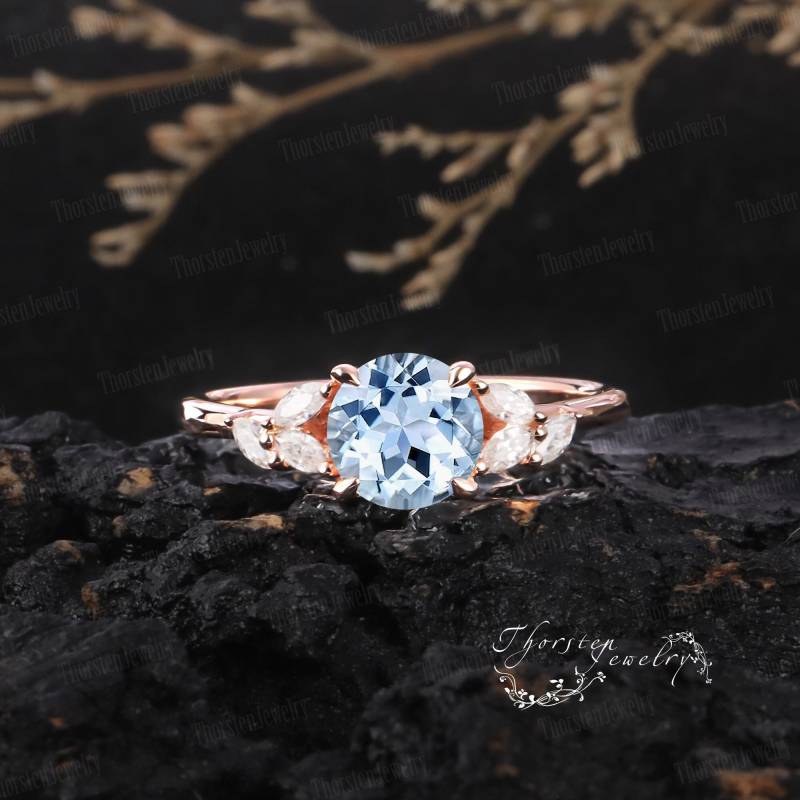 Vintage Aquamarine Engagement Ring | Unique Rose Gold Wedding Round Cut Cluster Diamond Anniversary Gift Promise von ThorstenOpos