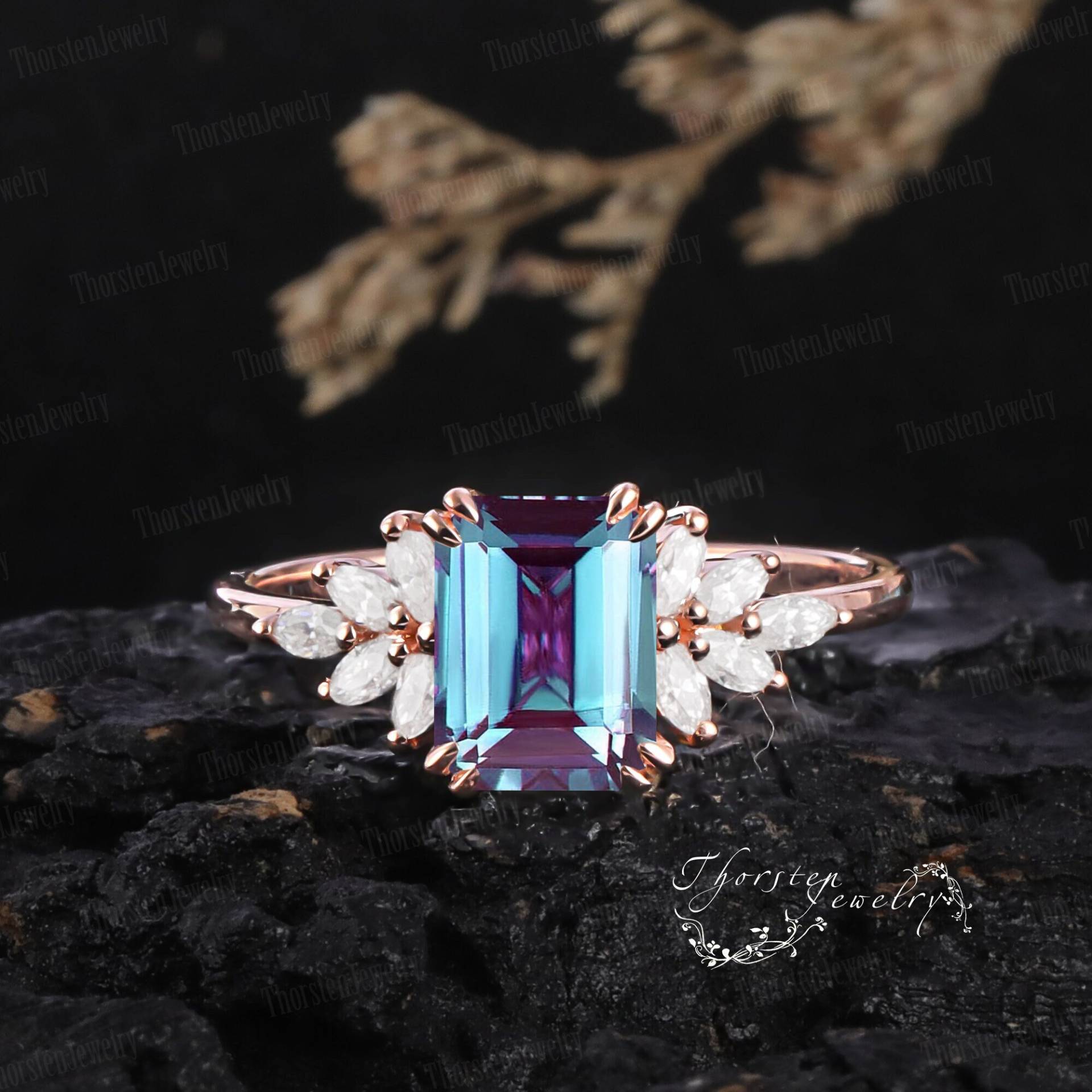 Vintage Emerald Cut Alexandrite Engagement Ring Promise 14K 18K Solid Rose Gold Marquise Diamond Wedding Bridal Anniversary Gifts von ThorstenOpos