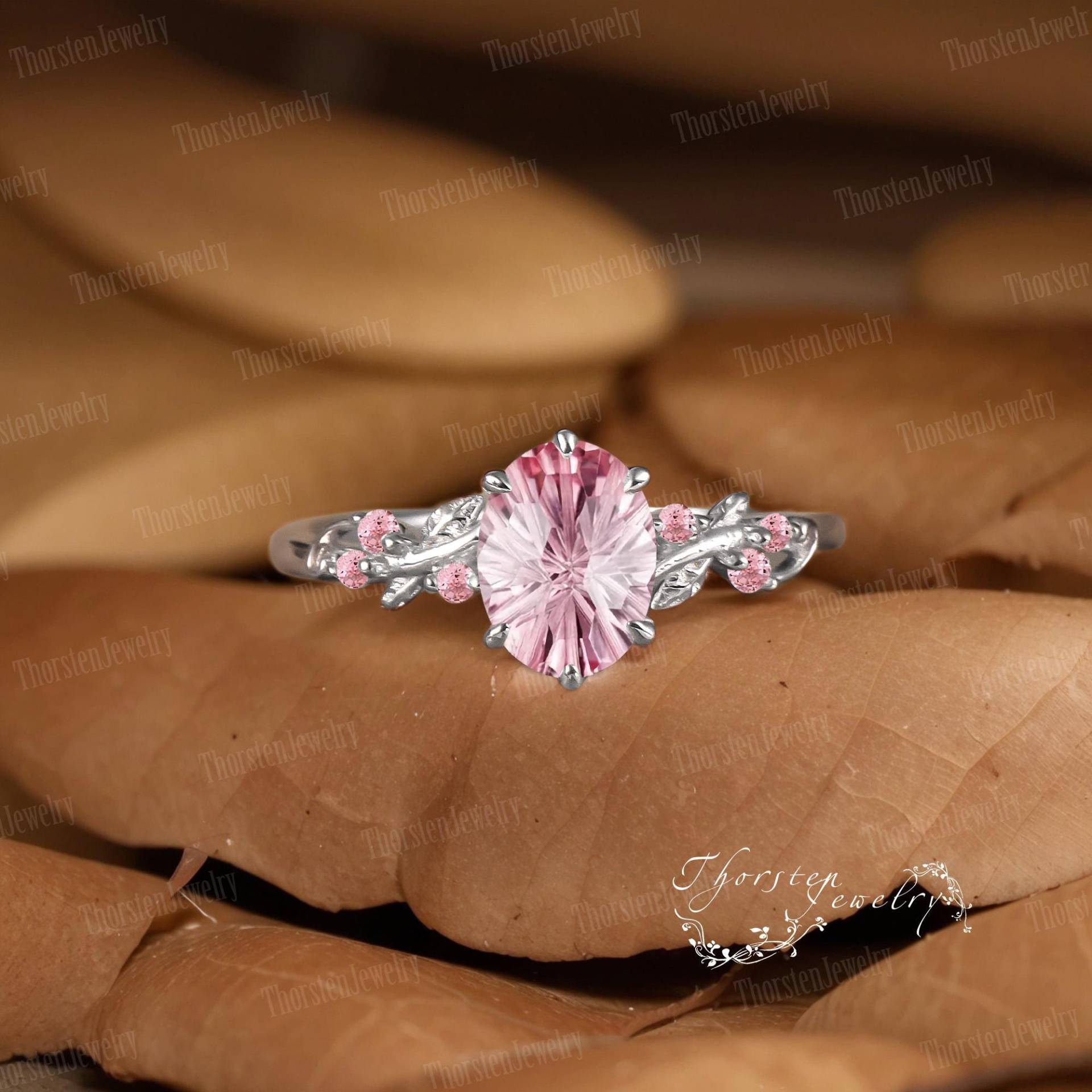 Vintage Firework Cut Oval Pink Sapphire Engagement Ring White Gold Promise Leaf Art Deco Cluster Bridal Gift For Her von ThorstenOpos