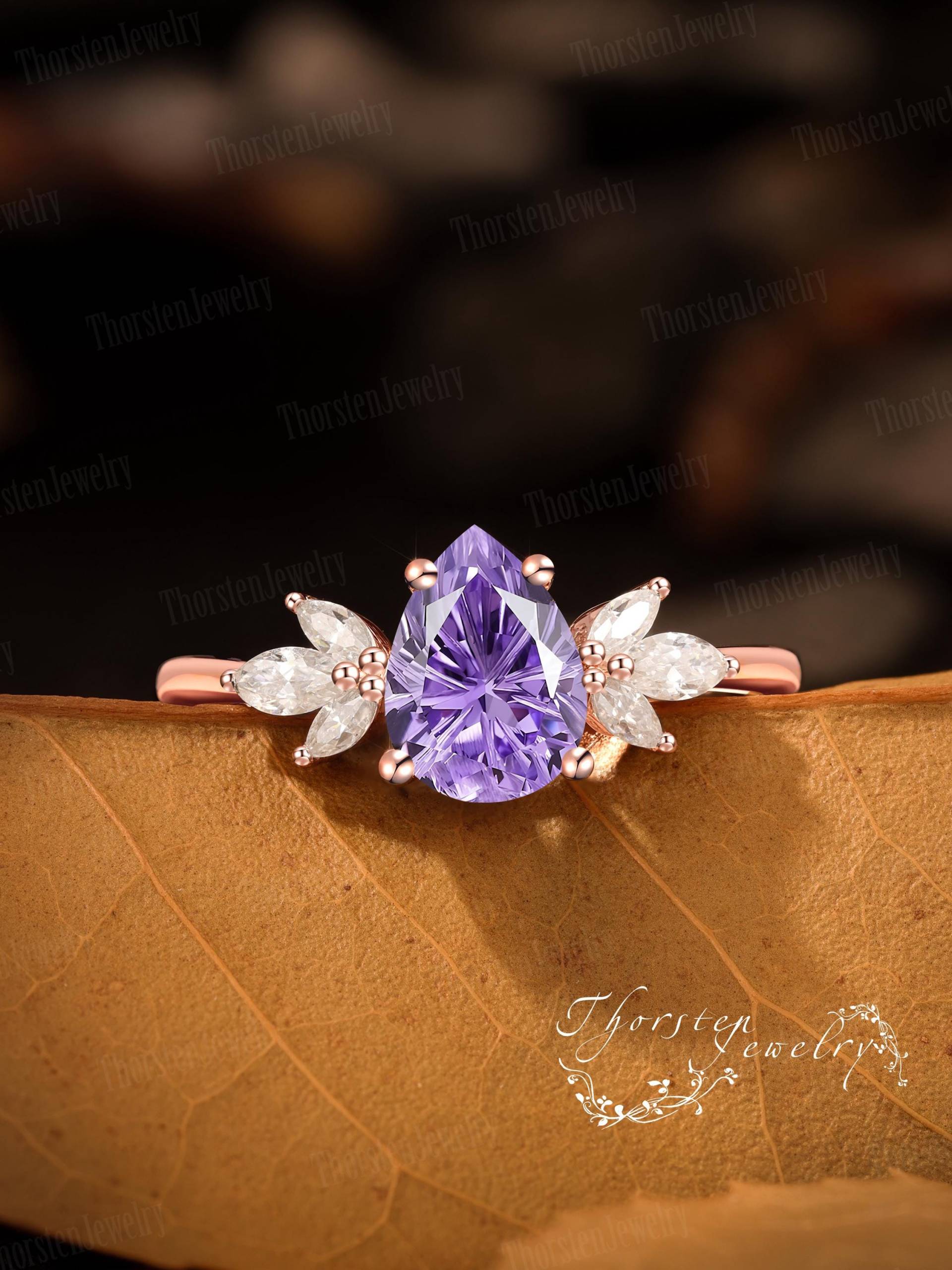 Vintage Firework Cut Pear Amethyst Engagement Ring Solid Rose Gold Promise Cluster Art Deco Bridal Gift For Her von ThorstenOpos