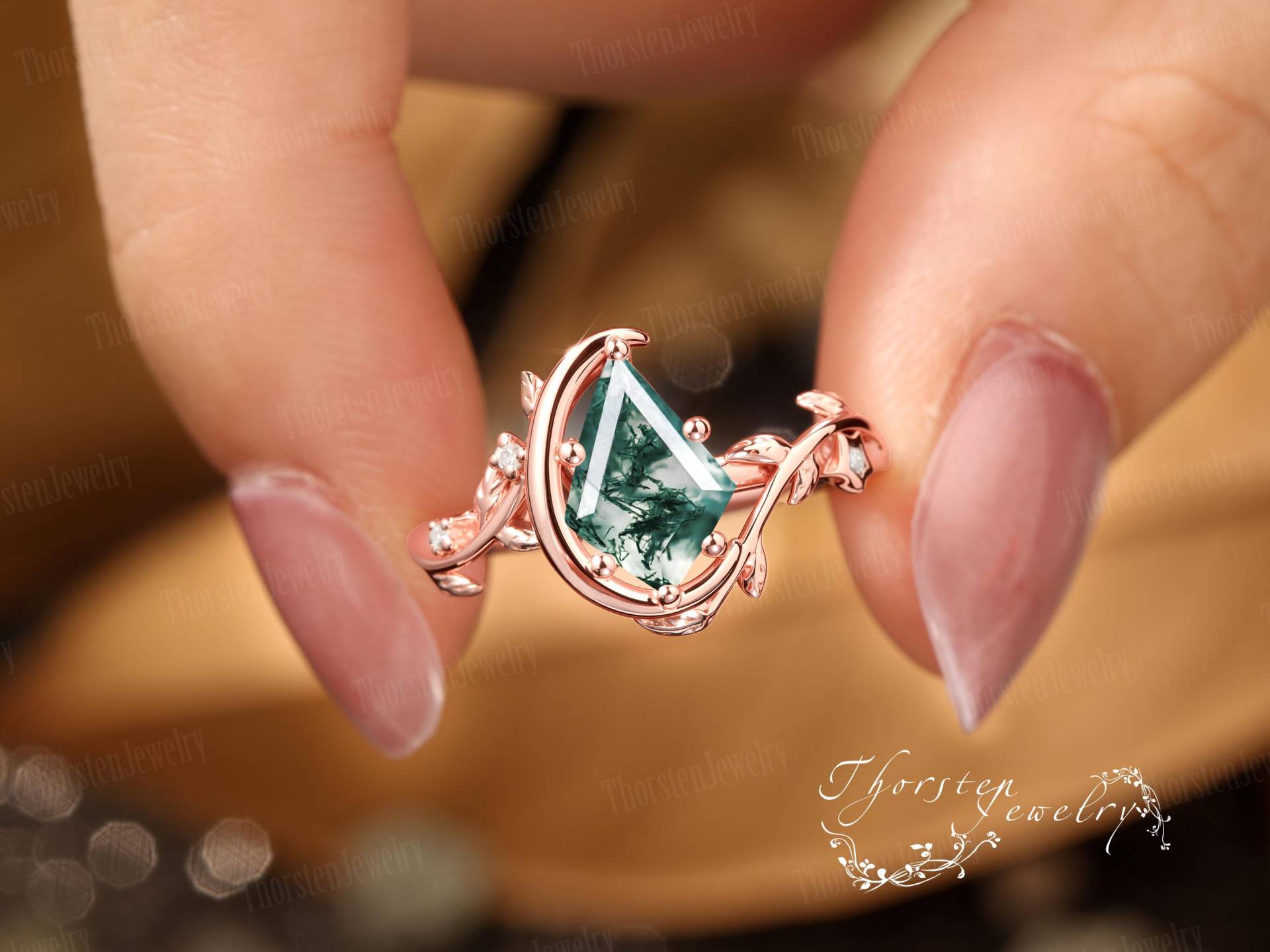 Vintage Kite Cut Moss Agate Engagement Ring Solid Rose Gold Promise Moon Bridal Leaf Art Deco Gift For Her von ThorstenOpos