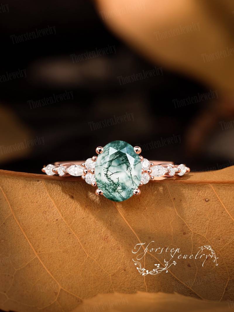 Vintage Moss Agate Engagement Ring | Unique Rose Gold Wedding Oval Cut Cluster Diamond Promise Anniversary Gift von ThorstenOpos