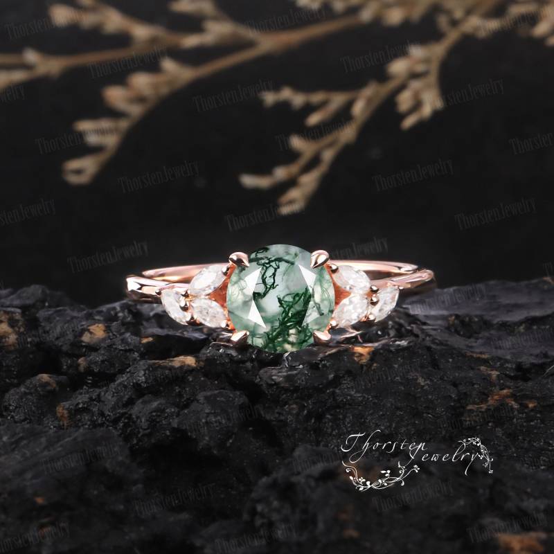 Vintage Moss Agate Engagement Ring | Unique Rose Gold Wedding Round Cut Emerald Cluster Diamond Anniversary Gift Promise von ThorstenOpos