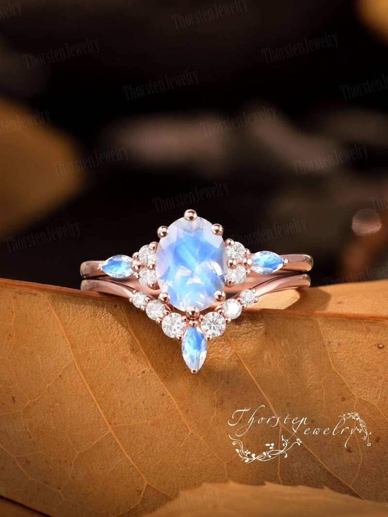 Vintage Oval Cut Moonstone Engagement Ring Sets Solid Rose Gold Promise Bridal Unique Art Deco Cluster Gift For Her von ThorstenOpos
