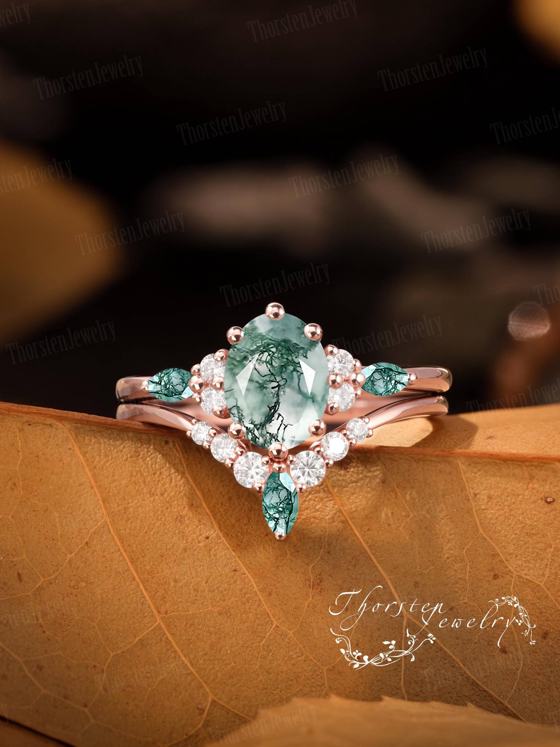 Vintage Oval Cut Moss Agate Engagement Ring Sets Solid Rose Gold Promise Bridal Unique Cluster Art Deco Gift For Her Vintage Oval Cut Moss Agate Engagement Ring Sets Solid Rose Gold Promise Bridal Unique Cluster Art Deco Gift For Her von ThorstenOpos