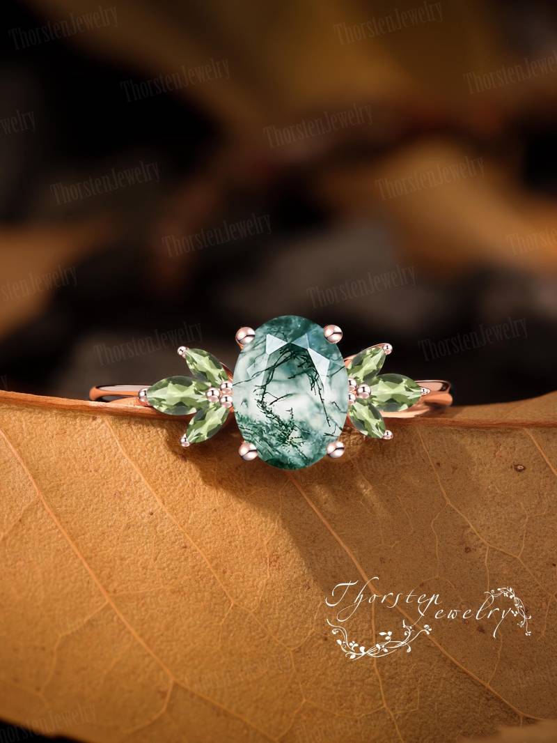 Vintage Oval Cut Moss Agate Engagement Ring Solid Rose Gold Promise Unique Cluster Art Deco Bridal Gift For Her Vintage Oval Cut Moss Agate Engagement Ring Solid Rose Gold Promise Unique Cluster Art Deco Bridal Gift For Her von ThorstenOpos