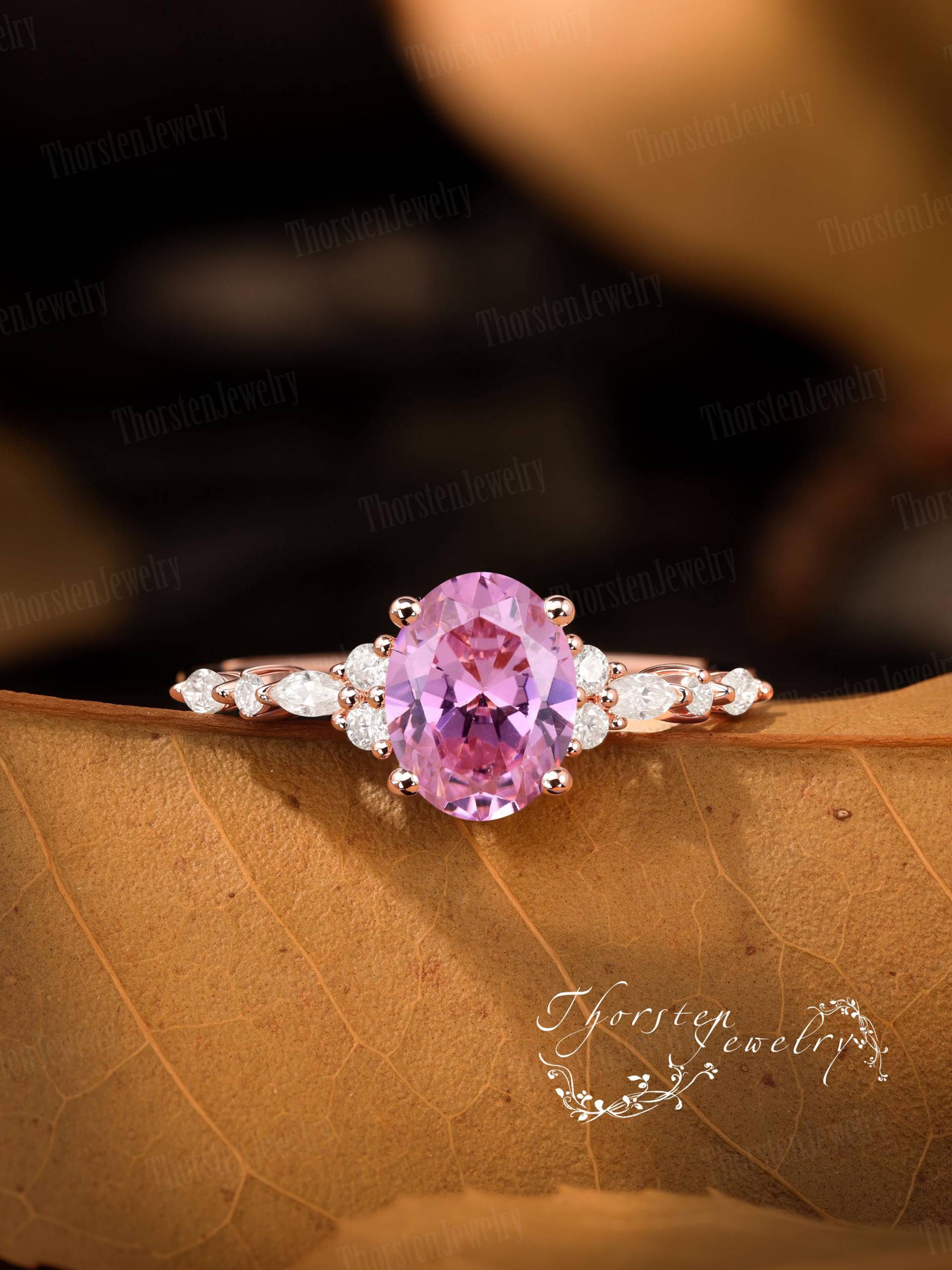 Vintage Oval Cut Pink Sapphire Engagement Ring Solid Rose Gold Promise Bridal Cluster Handmade Jewelry Gifts Gift For Her von ThorstenOpos