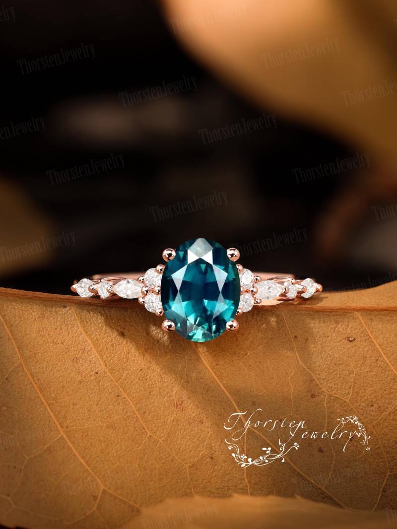Vintage Oval Cut Teal Sapphire Engagement Ring Solid Rose Gold Promise Bridal Cluster Handmade Jewelry Gifts Gift For Her Vintage Oval Cut Teal Sapphire Engagement Ring Solid Rose Gold Promise Bridal Cluster Handmade Jewelry Gifts Gift For Her von ThorstenOpos