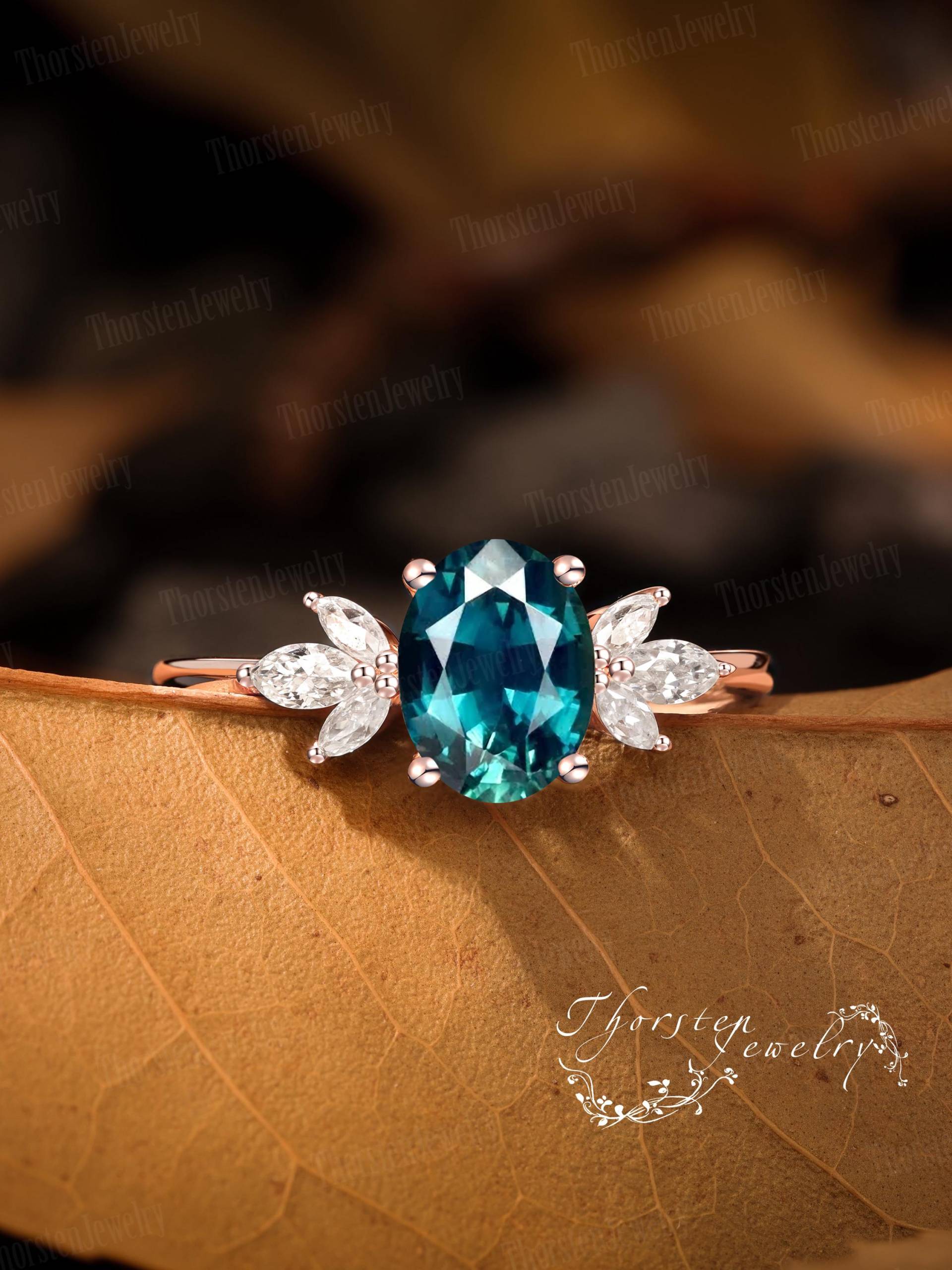 Vintage Oval Cut Teal Sapphire Engagement Ring Solid Rose Gold Promise Unique Cluster Art Deco Bridal Gift For Her Vintage Oval Cut Teal Sapphire Engagement Ring Solid Rose Gold Promise Unique Cluster Art Deco Bridal Gift For Her von ThorstenOpos