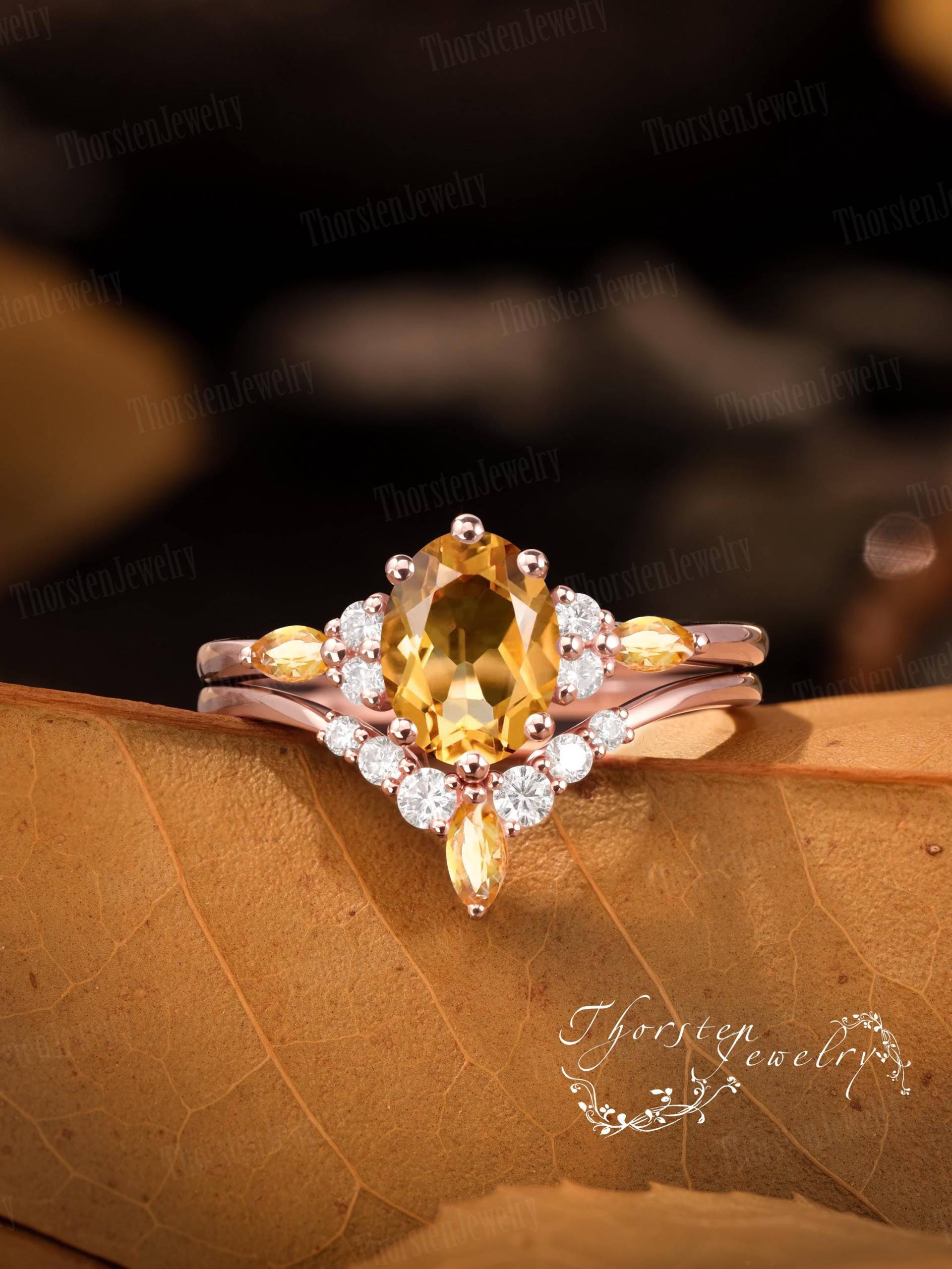 Vintage Oval Cut Topaz Engagement Ring Sets Solid Rose Gold Promise Bridal Unique Cluster Gift For Her Handmade Jewelry Gifts von ThorstenOpos