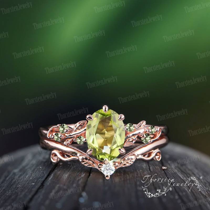 Vintage Oval Peridot Engagement Ring Sets Rose Gold Bridal Leaf Branch Wedding Promise Cluster Handmade Jewelry Gifts von ThorstenOpos