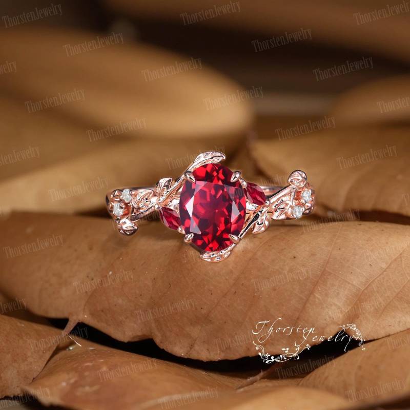 Vintage Oval Ruby Engagement Ring 14K Solid Rose Gold Bridal Sets Leaf Promise Red Gemstone Cluster Anniversary Gifts For Women von ThorstenOpos