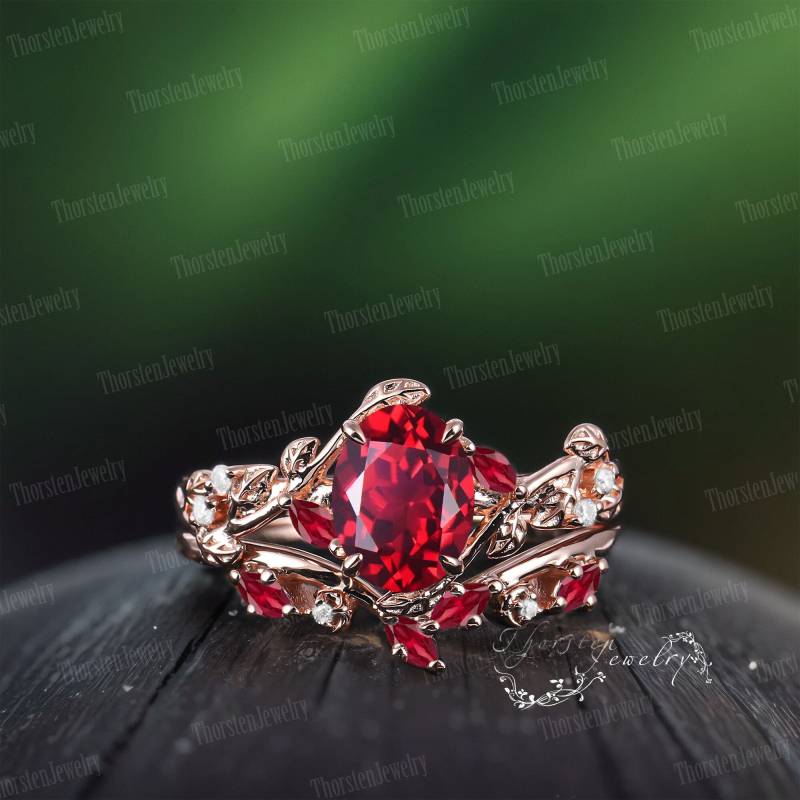 Vintage Oval Ruby Engagement Ring Sets 14K Solid Rose Gold Bridal Leaf Promise Red Gemstone Cluster Anniversary Gifts Women von ThorstenOpos