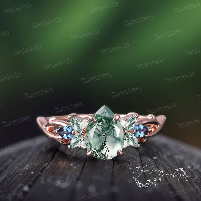 Vintage Pear Moss Agate Engagement Ring Bridal Rose Gold Art Deco Promise Cluster Handmade Jewelry Gifts For Women von ThorstenOpos