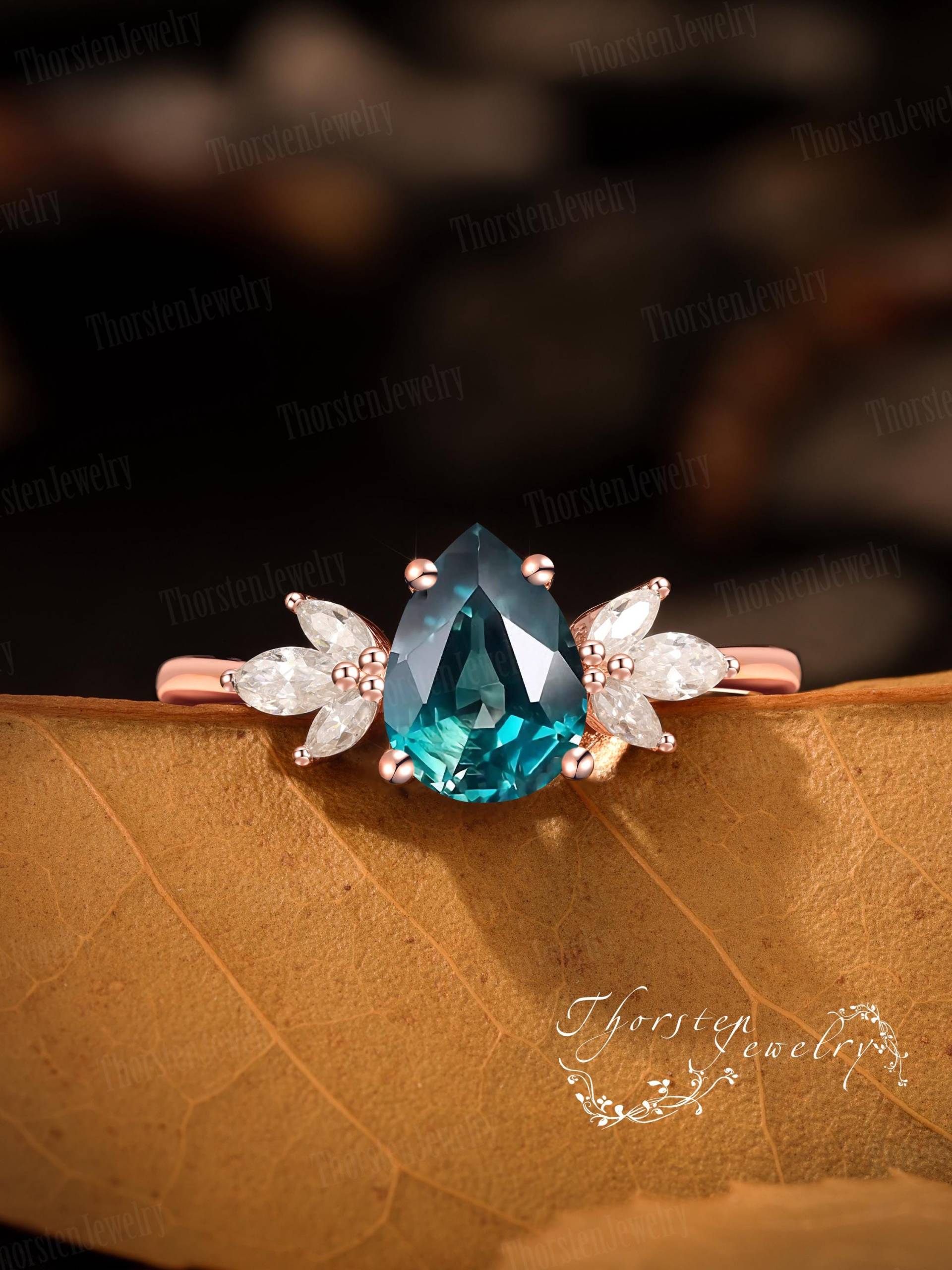 Vintage Pear Shaped Teal Sapphire Engagement Ring Solid Rose Gold Promise Unique Cluster Art Deco Bridal Gift For Her von ThorstenOpos