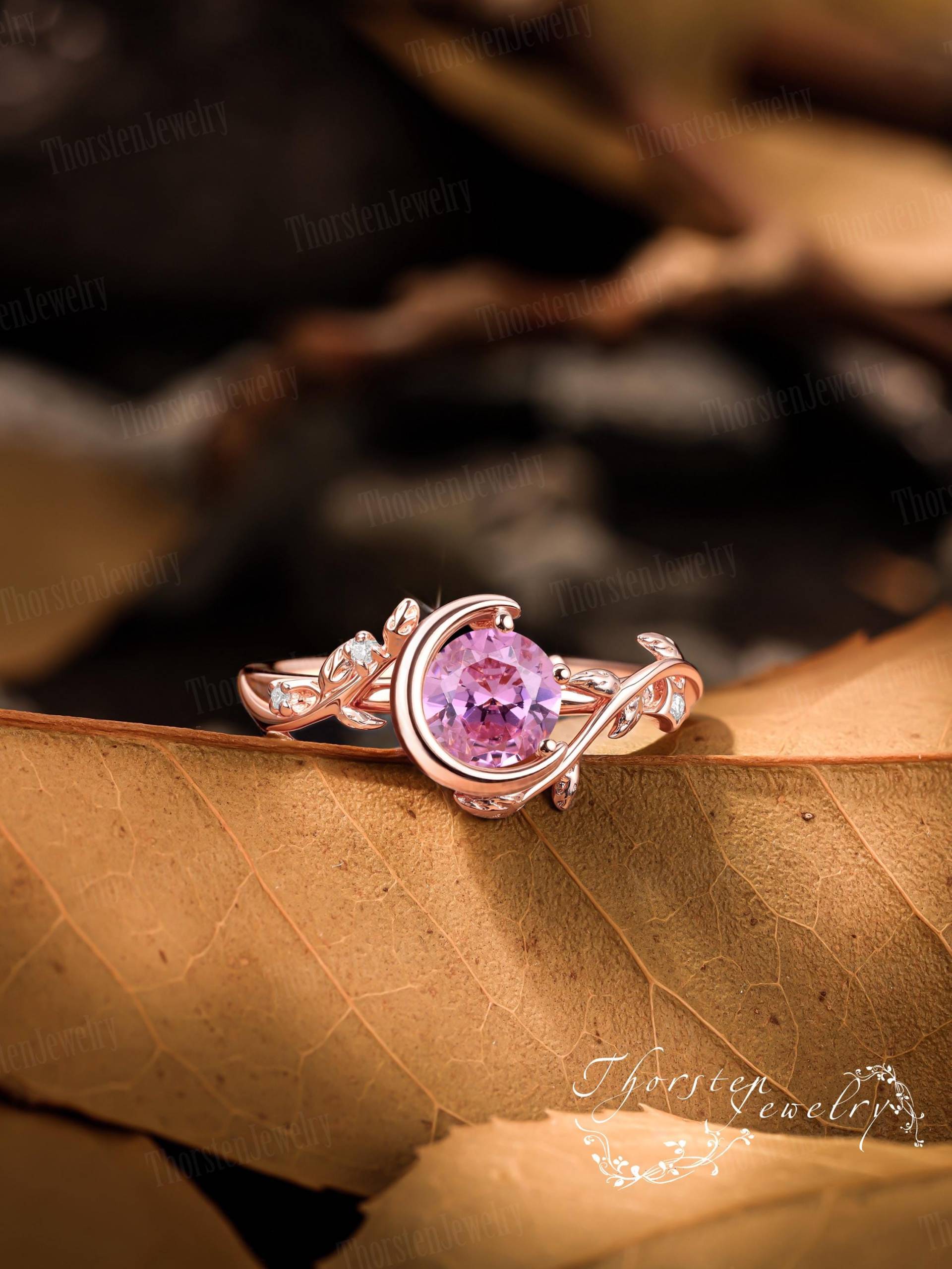 Vintage Pink Sapphire Engagement Ring Solid Rose Gold Promise Moon Bridal Leaf Art Deco Handmade Jewelry Gift For Her von ThorstenOpos